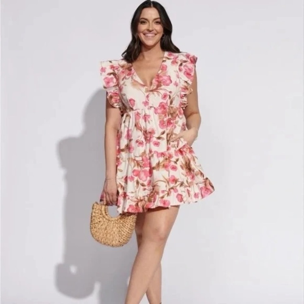 NWOT Abercrombie & Fitch Flutter Sleeve Tiered Mini Dress Pink Floral